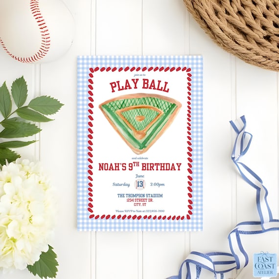 Baseball Birthday Invitation Template | Any Age Boys Sports Party | Preppy Blue Gingham Invite