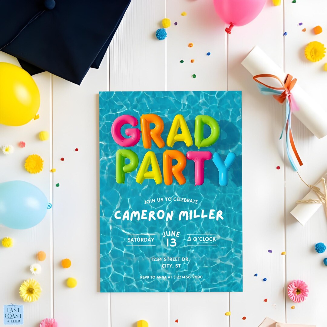 Graduation Pool Party Invitation Template, Summer Grad Party Invite ...