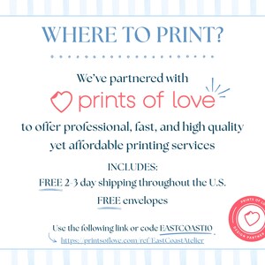 May include: A light blue and white striped background frames a white card with text. The card reads "WHERE TO PRINT?" and promotes "prints of love" for printing services. Includes a link and code.