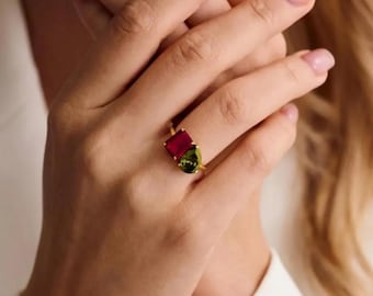 Gepersonaliseerde Toi et Moi-ring, aangepaste twee stenen geboortesteenring, gouden open ring, aangepaste verlovingsring voor haar, huwelijkssieraden cadeau