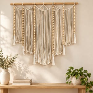 Puede incluir: Un gran tapiz de macramé hecho de cuerda de algodón color hueso, con hilos verticales, detalles de cuentas de madera y flecos anudados suspendidos de una varilla de madera horizontal. La pieza muestra un diseño en capas y festoneado.
