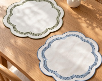 Scalloped Embroidered Placemats, Botanical Leaf Table Mats, Christmas Table Decor, Elegant Holiday Dining, Hostess and Housewarming Gift