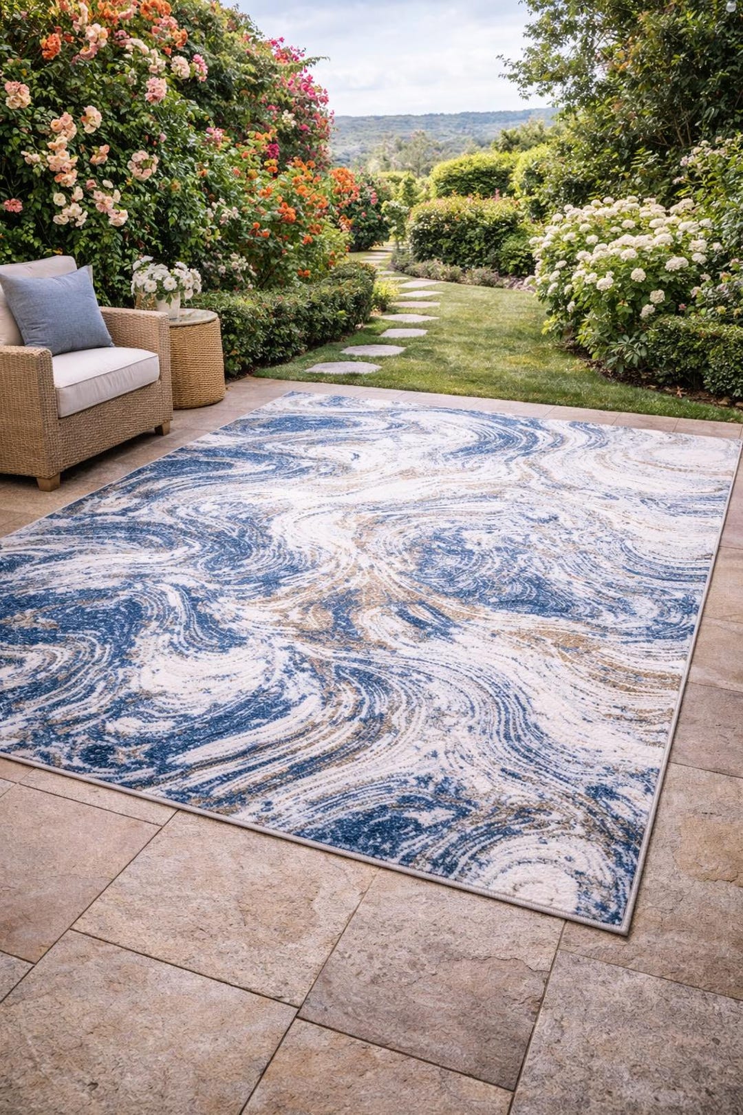 Handloom Printed Blue Abstract Outdoor Rug | Modern Patio & Garden Area ...