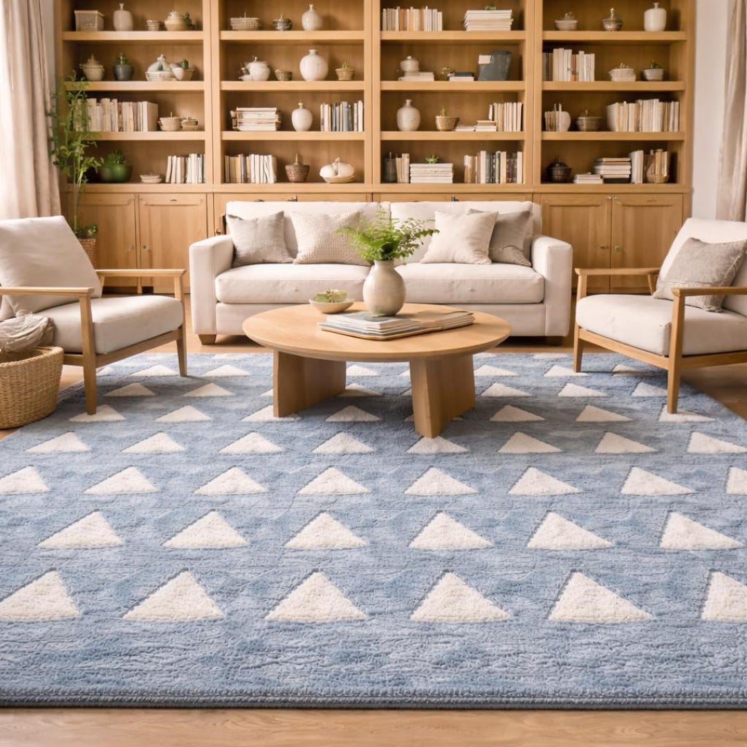 Hand Tufted Blue & Ivory Triangle Pattern Rug – Soft Plush Custom ...