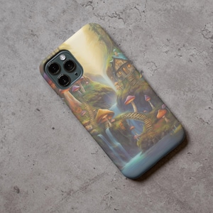 May include: A phone case featuring a fantasy landscape with a waterfall, mushrooms, and a small house. The case has a colorful design with shades of green, blue, and orange. The phone case is designed to fit a smartphone.