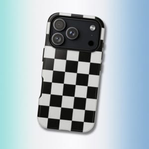 May include: A black and white checkered phone case. The case has a glossy finish and a black camera module with three lenses. The design features a classic checkerboard pattern, with alternating black and white squares. The case is designed to protect a smartphone.