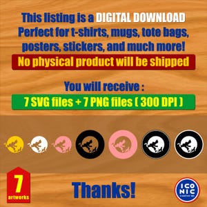 以下が含まれることがあります： 7つのSVGファイルと7つのPNGファイルを含むデジタルダウンロードグラフィックデザインのリスト。画像には、シルエットグラフィックを使用した、黄色、白、ピンク、黒のさまざまな円形デザインが使用されています。「デジタルダウンロード」と「7つのアートワーク」というテキストが含まれています。