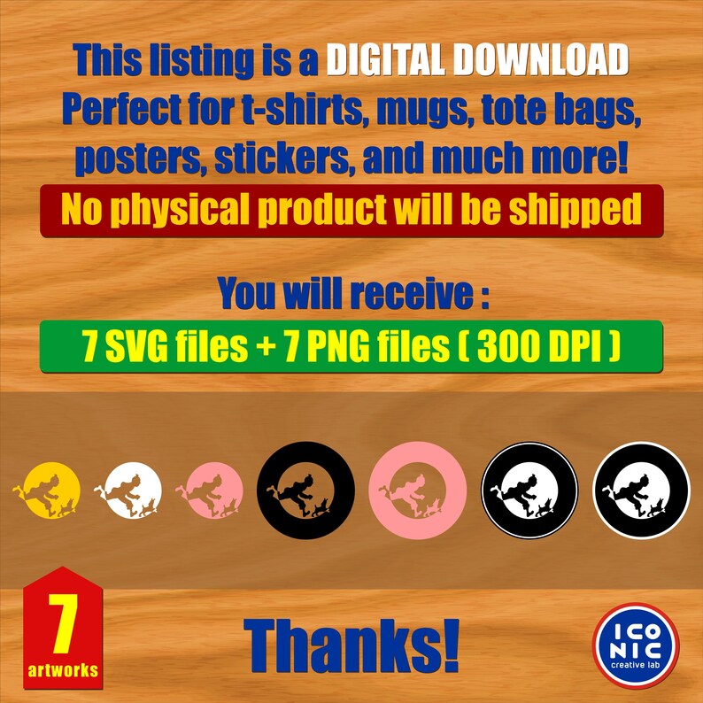 以下が含まれることがあります： 7つのSVGファイルと7つのPNGファイルを含むデジタルダウンロードグラフィックデザインのリスト。画像には、シルエットグラフィックを使用した、黄色、白、ピンク、黒のさまざまな円形デザインが使用されています。「デジタルダウンロード」と「7つのアートワーク」というテキストが含まれています。
