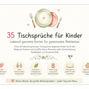 Può includere: Una carta bianca con il testo 35 Tischsprüche für Kinder, Liebesvoll gereimte Karten für gemeinsame Mahlzeiten, e Kleine Worte, die große Wirkung haben – jeden Tag aufs Neue. Include illustrazioni di piatti, forchette e cuori.