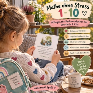 Può includere: Una scheda educativa bianca con un problema di matematica sulle anatre in un lago, tenuta da una persona che indossa un maglione color crema con motivi a cuore colorati. La scheda include testo in tedesco e un'illustrazione di anatre.