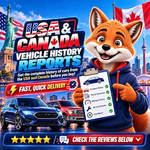 Peut inclure: Un renard de dessin animé en sweat à capuche bleu tient un presse-papier listant des rapports d'historique de véhicule. Le texte indique USA & CANADA VEHICLE HISTORY REPORTS, FAST, QUICK DELIVERY et CHECK THE REVIEWS BELOW.