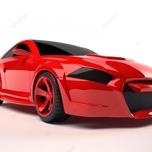 May include: A glossy red sports car featuring a low-profile aerodynamic body, black tinted windows, and matching red wheels. The front end displays a wide black mesh grille and sharp angular headlights, showcasing a sleek and modern automotive design.