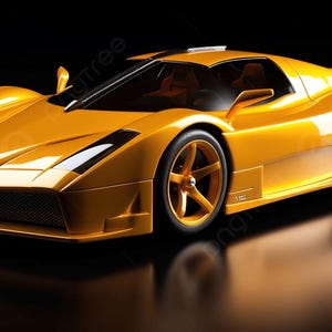May include: A sleek yellow sports car with a low-profile aerodynamic body, sharp angular headlights, and five-spoke yellow wheels. The vehicle features a dark windshield, side mirrors, and a streamlined design set against a dark background.