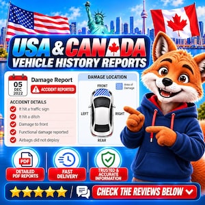 以下が含まれることがあります： 米国およびカナダの車両履歴レポート用のデジタルグラフィック。青いパーカーを着た漫画のキツネが描かれています。画像には、事故の詳細を含む損傷レポート、フロント部分の損傷が強調された車の図、PDFレポートのアイコンが表示されています。