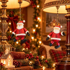 May include: Two Santa Claus figurines hanging from the pull chains of two table lamps. Each Santa wears a red suit with white trim, black gloves, and black boots. The lamps have brass-toned bases and beige fabric shades with decorative trim.