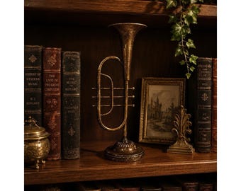 Vintage Trumpet Candlestick Holder Brass Tone Metal Musical Instrument Decor