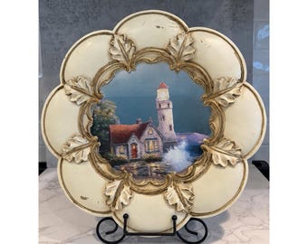 Vintage Ornate Ivory Gold Ceramic Wall Mirror Lighthouse Cottage Scene 13"