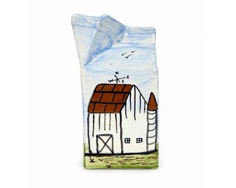 Hand Painted Ceramic Milk Carton Vase Creamer Farmhouse Eggs Cat Barn 5" Signed