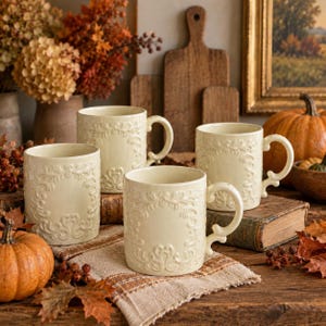 May include: A set of three cream-colored ceramic mugs featuring an embossed scrollwork pattern on the exterior. Each mug has a cylindrical body and a curved handle. The mugs are arranged on a textured fabric cloth alongside small pumpkins.