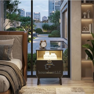 Modern Two-Tone Nightstand with LED Lighting and Charging Hub – Rustic Brown Side Table