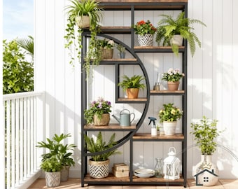 Industrial Half-Moon Bookshelf – 5-Tier Staggered Etagere Storage Unit