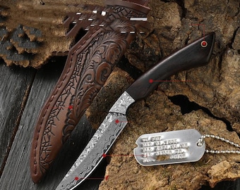 Handmade Damascus Hunting Knife with Leather Sheath, Mini Fixed Blade EDC Knife, Bushcraft Camping Gift for Men