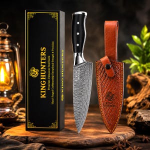 Handmade Damascus Kitchen Chef Knife, Micarta Handle, Leather Sheath, Razor Sharp, BBQ Cooking