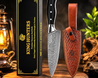 Handmade Damascus Kitchen Chef Knife, Micarta Handle, Leather Sheath, Razor Sharp, BBQ Cooking