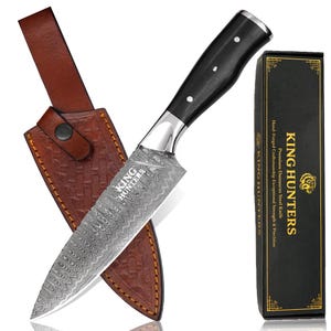 Handgeschmiedetes Damaszener-Kochmesser, 18 cm – Micarta-Griff, durchgehender Erl, Lederscheide – Professionelles Küchenmesser, Geschenk für Ihn/Mann