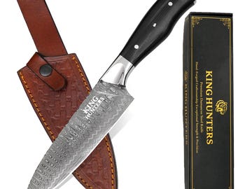Hand Forged Damascus Steel Chef Knife 7 Inch - Micarta Handle, Full Tang, Leather Sheath - Professional Kitchen Knife, Gift for Him/Man