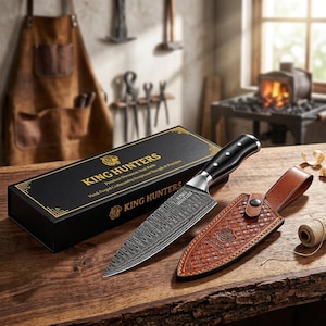 Könnte beinhalten: Ein Kochmesser mit schwarzem Griff und gemusterter Klinge, neben einer braunen Lederscheide. Das Messer befindet sich in einer schwarzen Schachtel mit goldfarbenen Buchstaben mit der Aufschrift "KING HUNTERS". Messer und Scheide liegen auf einer Holzoberfläche.