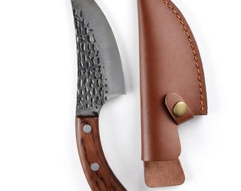 Hand-Forged High Carbon Steel Cleaver Boning Knife, Wood Handle, Leather Sheath
