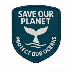 Op de afbeelding: Een tealkleurige patch met witte geborduurde tekst en een walvisstaartontwerp. De tekst luidt "SAVE OUR PLANET" boven de walvisstaart en "PROTECT OUR OCEANS" eronder. De patch heeft een donkerblauwe rand.