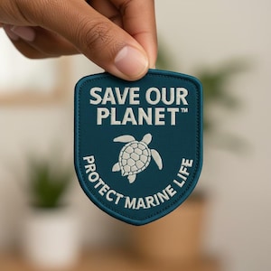 Puede incluir: Un parche de color verde azulado con texto blanco y un dibujo de tortuga. El parche dice "SAVE OUR PLANET" en la parte superior y "PROTECT MARINE LIFE" en la parte inferior. Una mano sostiene el parche sobre un fondo borroso.