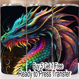 Buy 5 Get 1 Free NOT A DIGITAL Ready to Press Print Rainbow Dragon Sublimation Transfer 20 oz or 30 oz Skinny Tumbler Transfer