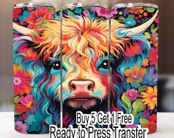 May include: A sublimation design featuring a colorful, abstract Highland cow with floral accents. The design is ready to press and includes the text "Buy 5 Get 1 Free" and "Ready to Press Transfer".