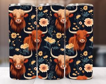 May include: Three stainless steel tumblers with a dark blue background and a repeating pattern of brown Highland cows and yellow flowers.
