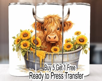 May include: A sublimation design featuring a Highland cow with brown fur and a white face, taking a bath in a metal tub with yellow sunflowers. The tub is overflowing with yellow liquid and the text "Buy 5 Get 1 Free Ready to Press Transfer" is at the bottom of the design.