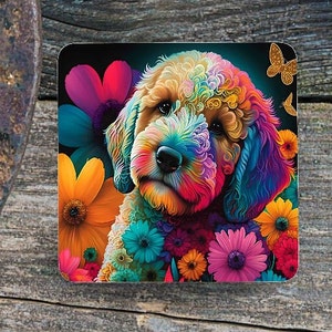 Neon Golden Doodle Dog Puppy Sublimated Coaster Gift for Her