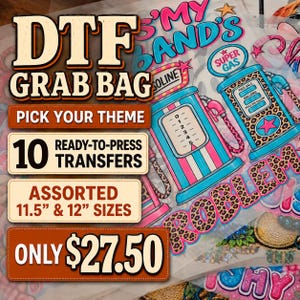 May include: A DTF grab bag featuring 10 ready-to-press transfers in 11.5-inch and 12-inch sizes. The graphic displays vintage-style gas pumps with leopard print accents, pink and blue colors, and text including 'IT'S MY BAND'S' and 'PROBLEM'.