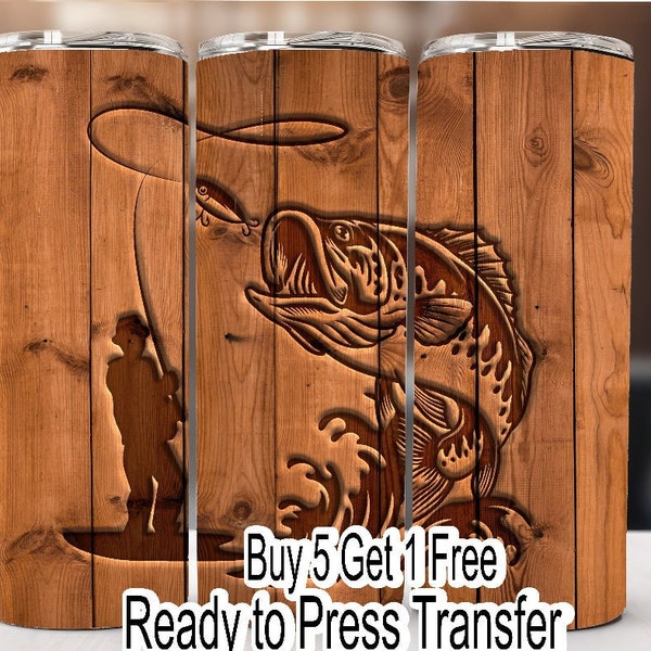 Buy 5 Get 1 Free NOT A DIGITAL Ready to Press Print Bass Fishing Sublimation Transfer 20 or 30oz Skinny Tumbler Transfer