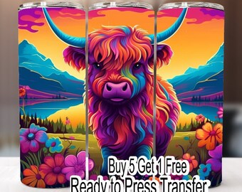 May include: A colorful, psychedelic design of a Highland cow with a sunset background and flowers. The text "Buy 5 Get 1 Free Ready to Press Transfer" is at the bottom of the image.