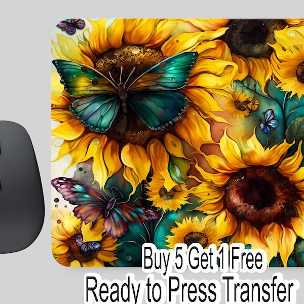 Buy 5 Get 1 Free NOT A DIGITAL Ready to Press Print Butterfly Sunflowers Sublimation Transfer Mouse Pad Transfer