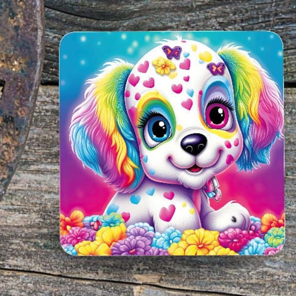 Rainbow Neon Puppy Dog  Sublimated Coaster Gift for Her