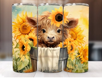 May include: A brown and white Highland cow calf with a sunflower crown sits in a bucket surrounded by sunflowers. The background is a watercolor wash of yellow and orange.