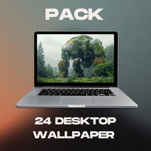 May include: A silver laptop shows a digital artwork of a moss-covered stone structure in a forest. The word "PACK" is at the top, and "24 DESKTOP WALLPAPER" is at the bottom in white text.