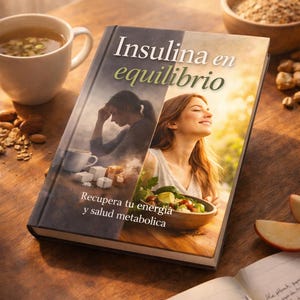 May include: A book titled "Insulina en equilibrio" with a split image of a woman looking stressed and another smiling while eating a salad. The book is on a wooden table with a cup of tea, nuts, and a notebook.