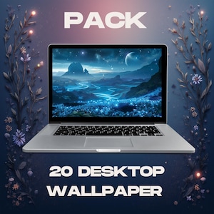 May include: A silver laptop displaying a digital landscape with a glowing river and mountains under a starry sky. The word "PACK" is at the top, and "20 DESKTOP WALLPAPER" is at the bottom, all in white text. Floral accents frame the laptop.