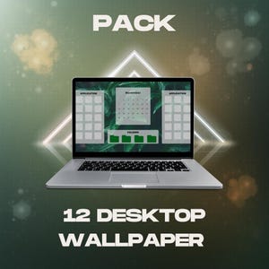 Puede incluir: Un portátil plateado que muestra un paquete de fondos de pantalla. La pantalla muestra un calendario e iconos de aplicaciones. La palabra "PACK" está en la parte superior, y "12 DESKTOP WALLPAPER" en la parte inferior, todo en texto blanco sobre un fondo verde.
