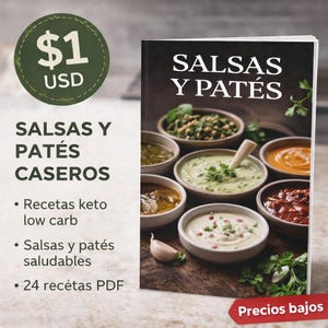 Puede incluir: Un libro de cocina titulado "Salsas y Patés" con varias salsas y patés caseros en pequeños cuencos blancos. La portada incluye el texto "Salsas y Patés Caseros" y enumera recetas keto. También se ve un círculo verde con "$1 USD".